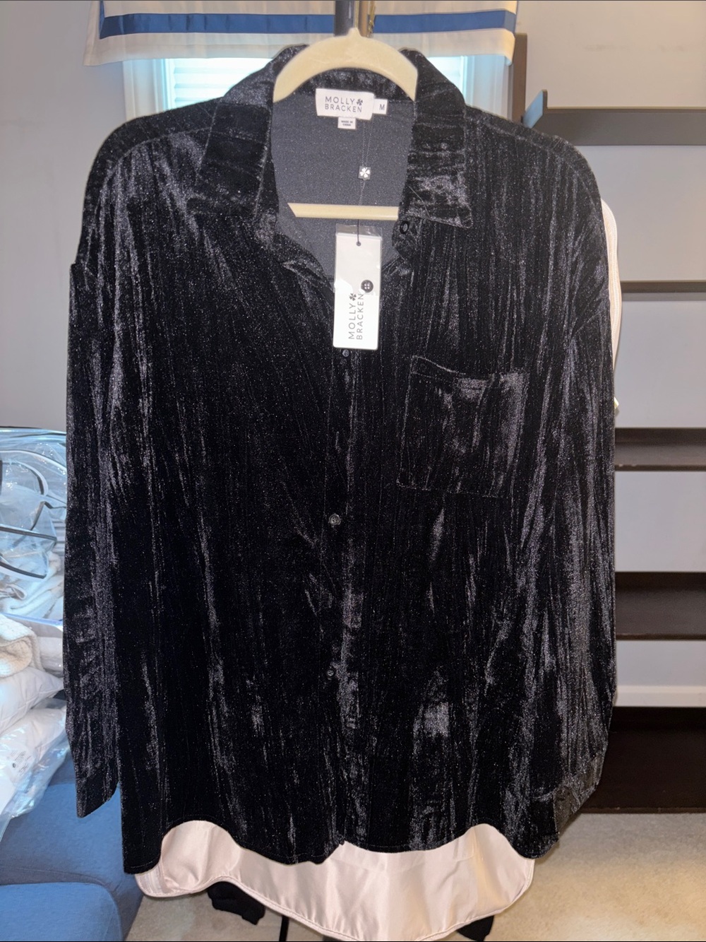Molly Bracken Black Velvet Long-Sleeve Button-Down Shirt